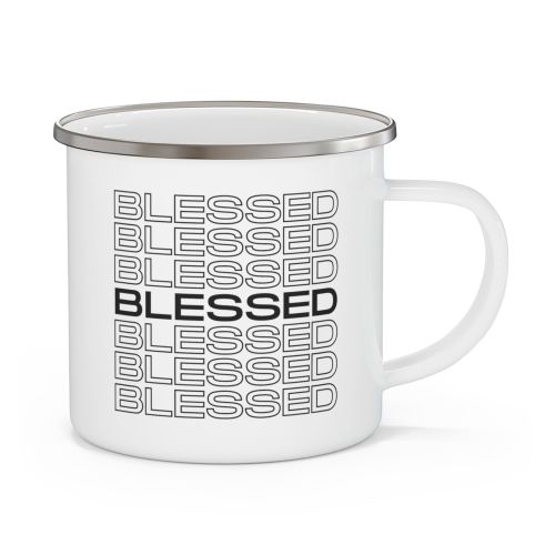 Enamel Camping Mug, Stacked Blessed Print - Inspirational Affirmation - Black